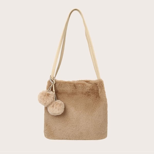 

Pom Pom Decor Fluffy Tote Bag, Khaki
