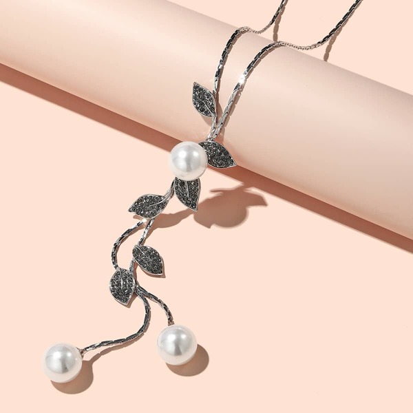 

Faux Pearl & Leaf Charm Y-lariat Necklace, Silver