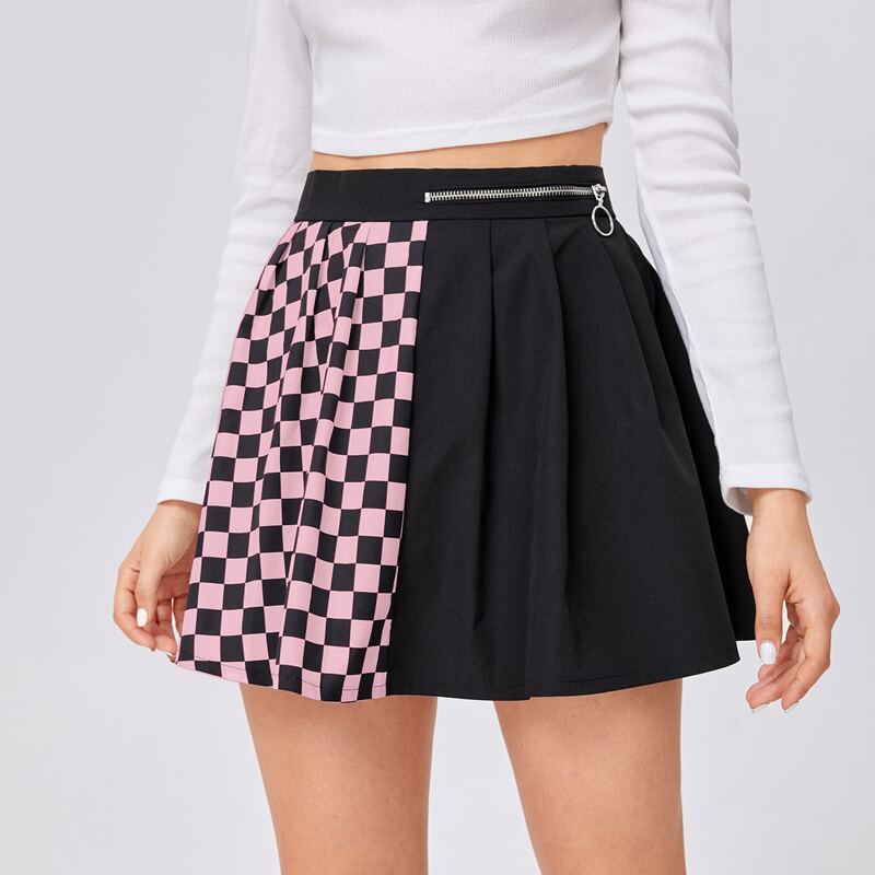 

Contrast Plaid Pleated Skirt, Multicolor