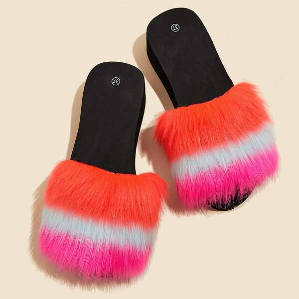 

Color Block Faux Fur Wedge Mules, Multicolor