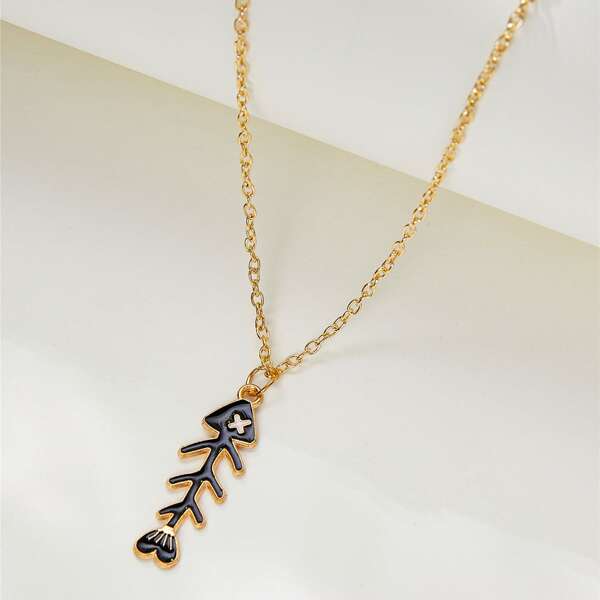 

Fish Bone Charm Necklace, Black