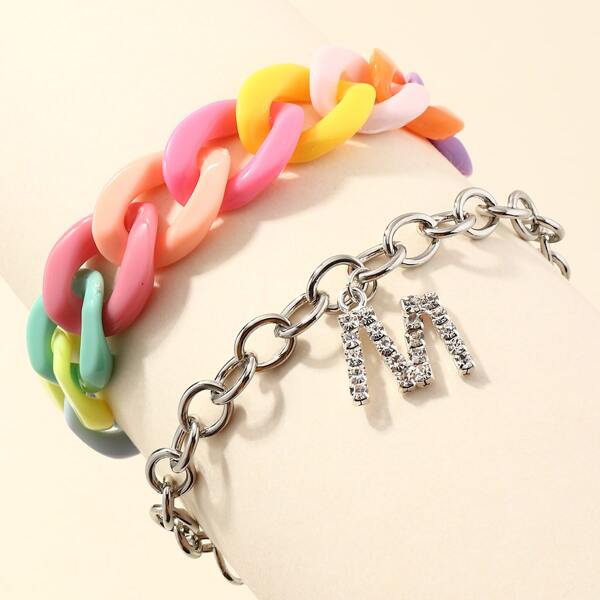 

2pcs Toddler Girls Rhinestone Letter Decor Bracelet, Multicolor