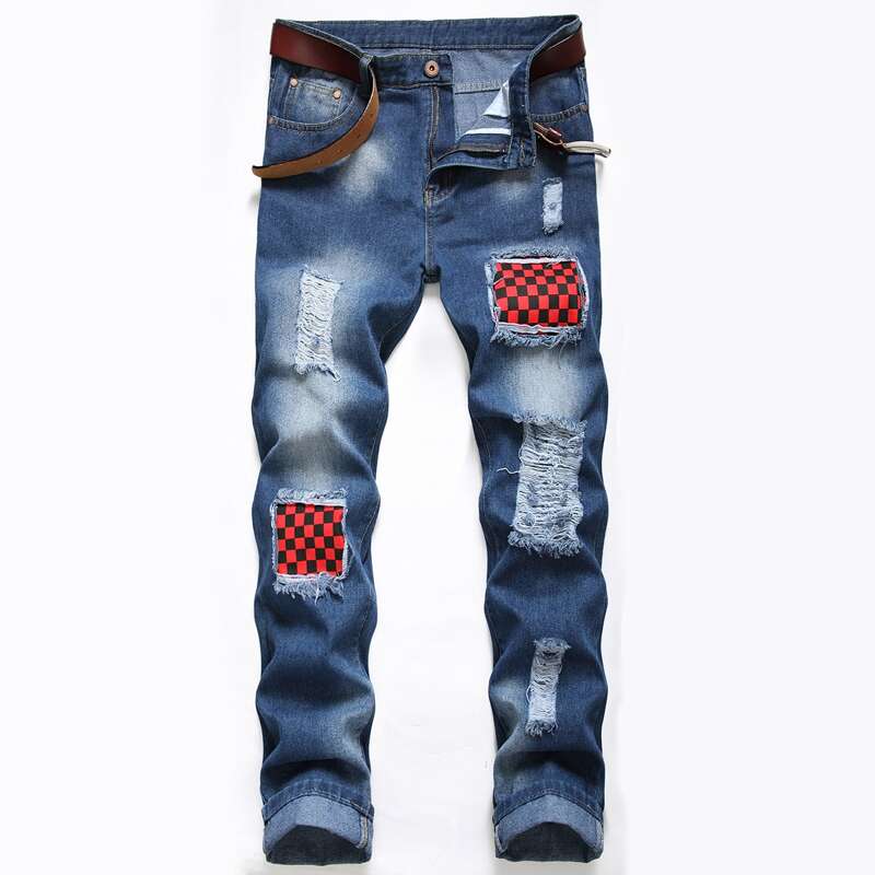 

Guys Plaid Ripped Jeans, Dark wash
