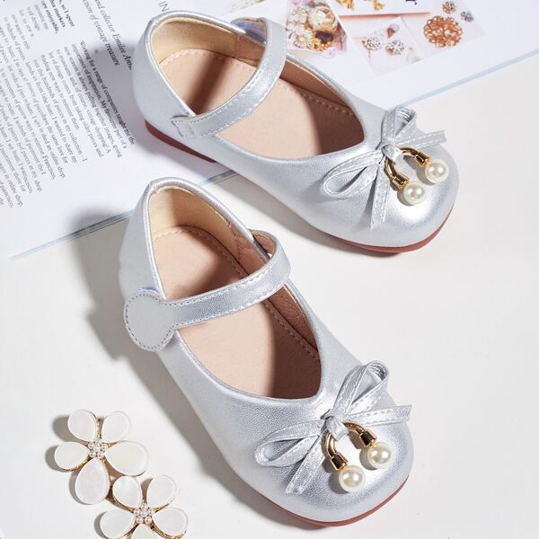 

Toddler Girls Bow & Faux Pearl Decor Flats, Silver