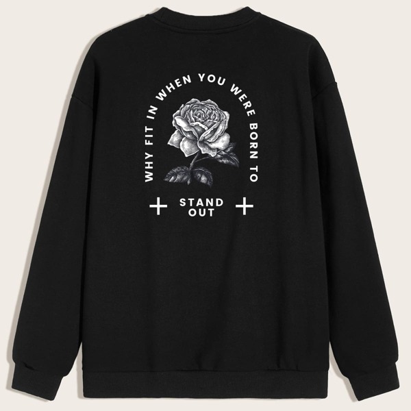 

Men Slogan And Floral Print Drop Shoulder Sweatshirt, Black