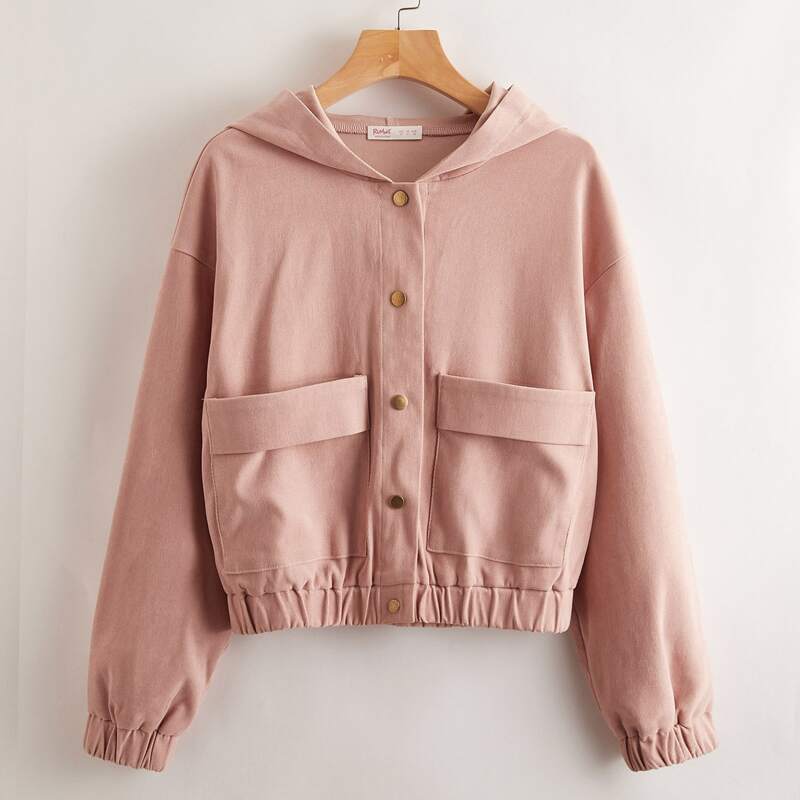 

Solid Button Front Pocket Jacket, Dusty pink