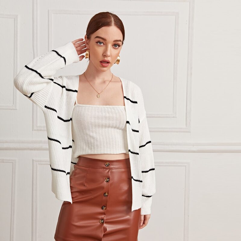 

Drop Shoulder Striped Cardigan, White