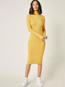 SHEIN BASICS Vestido ajustado algodón de cuello cisne unicolor - Amarillo - Ver 1