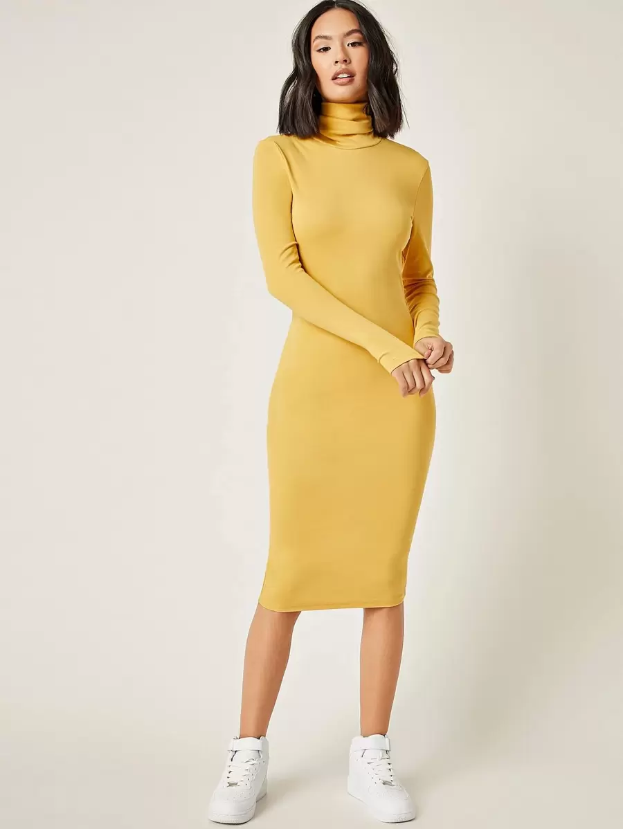 SHEIN BASICS Vestido ajustado algodón de cuello cisne unicolor - Amarillo - Ver 1