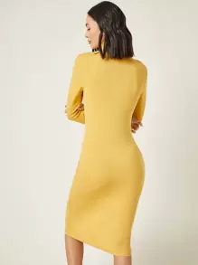 SHEIN BASICS Vestido ajustado algodón de cuello cisne unicolor - Amarillo - Ver 2