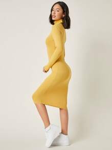 SHEIN BASICS Vestido ajustado algodón de cuello cisne unicolor - Amarillo - Ver 3
