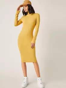 SHEIN BASICS Vestido ajustado algodón de cuello cisne unicolor - Amarillo - Ver 5