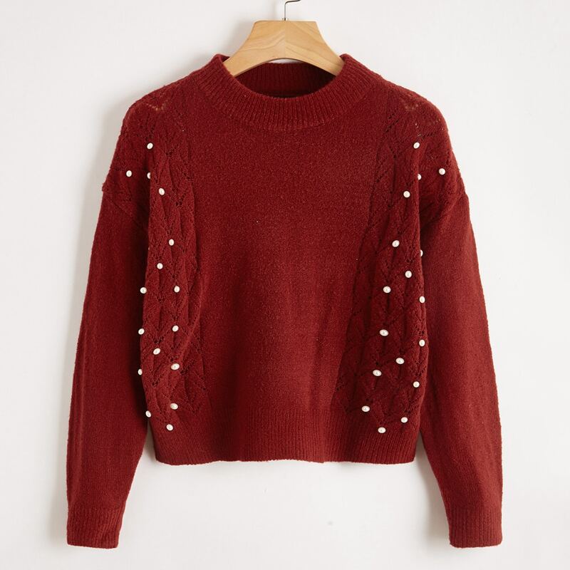 

Drop Shoulder Pearls Beaded Sweater, Burgundy
