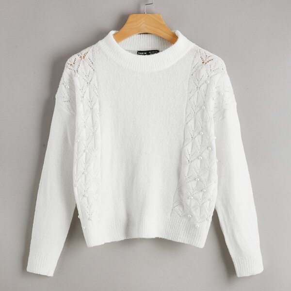 

Drop Shoulder Pearls Beaded Sweater, White
