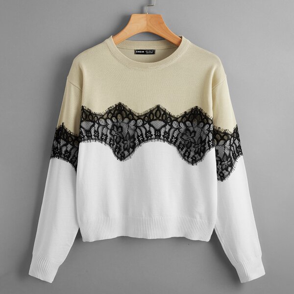 

Color Block Eyelash Lace Trim Sweater, Multicolor