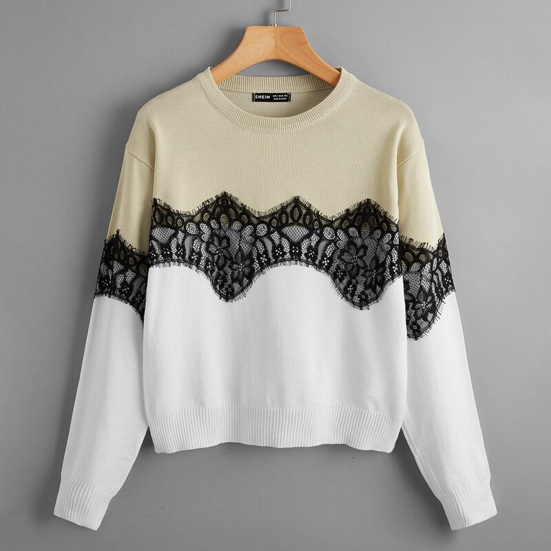 

Color Block Eyelash Lace Trim Sweater, Multicolor