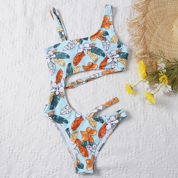

Tropical & Floral Cut-out One Piece Swimsuit, Multicolor
