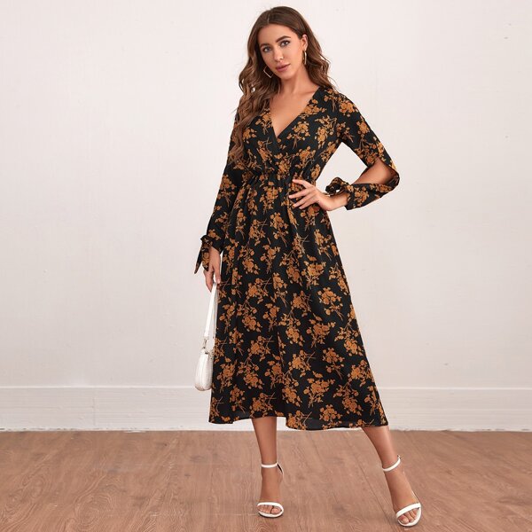 

Knotted Split Sleeve Floral Print Dress, Multicolor