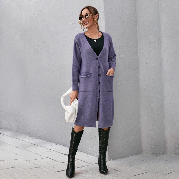 

Double Pocket Buttoned Cardigan, Violet purple
