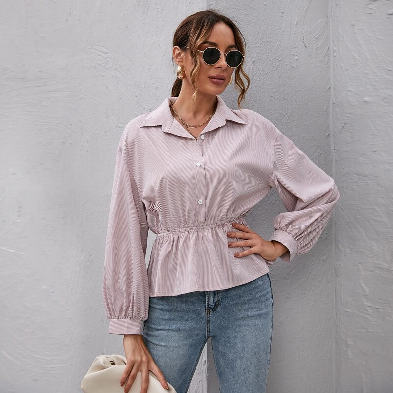 

Button Front Striped Peplum Top, Pastel baby pink