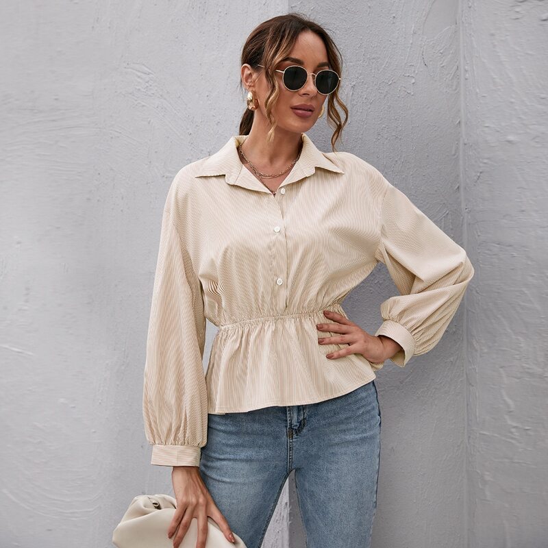 

Button Front Striped Peplum Top, Beige