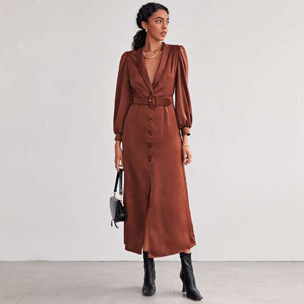 

Shawl Collar Button Front Buckle Belted Silky Dress, Redwood