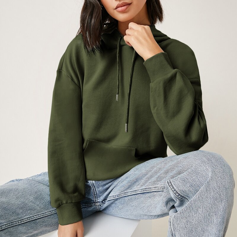

Drop Shoulder Drawstring Hoodie, Army green