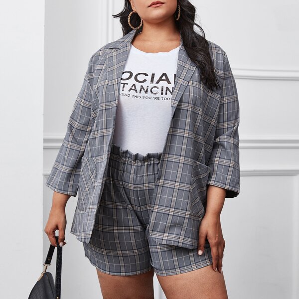 

Plus Plaid Dual Pocket Blazer & Shorts, Dusty blue
