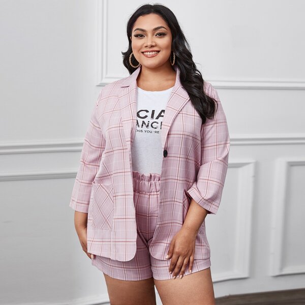 

Plus Plaid Dual Pocket Blazer & Shorts, Lilac purple