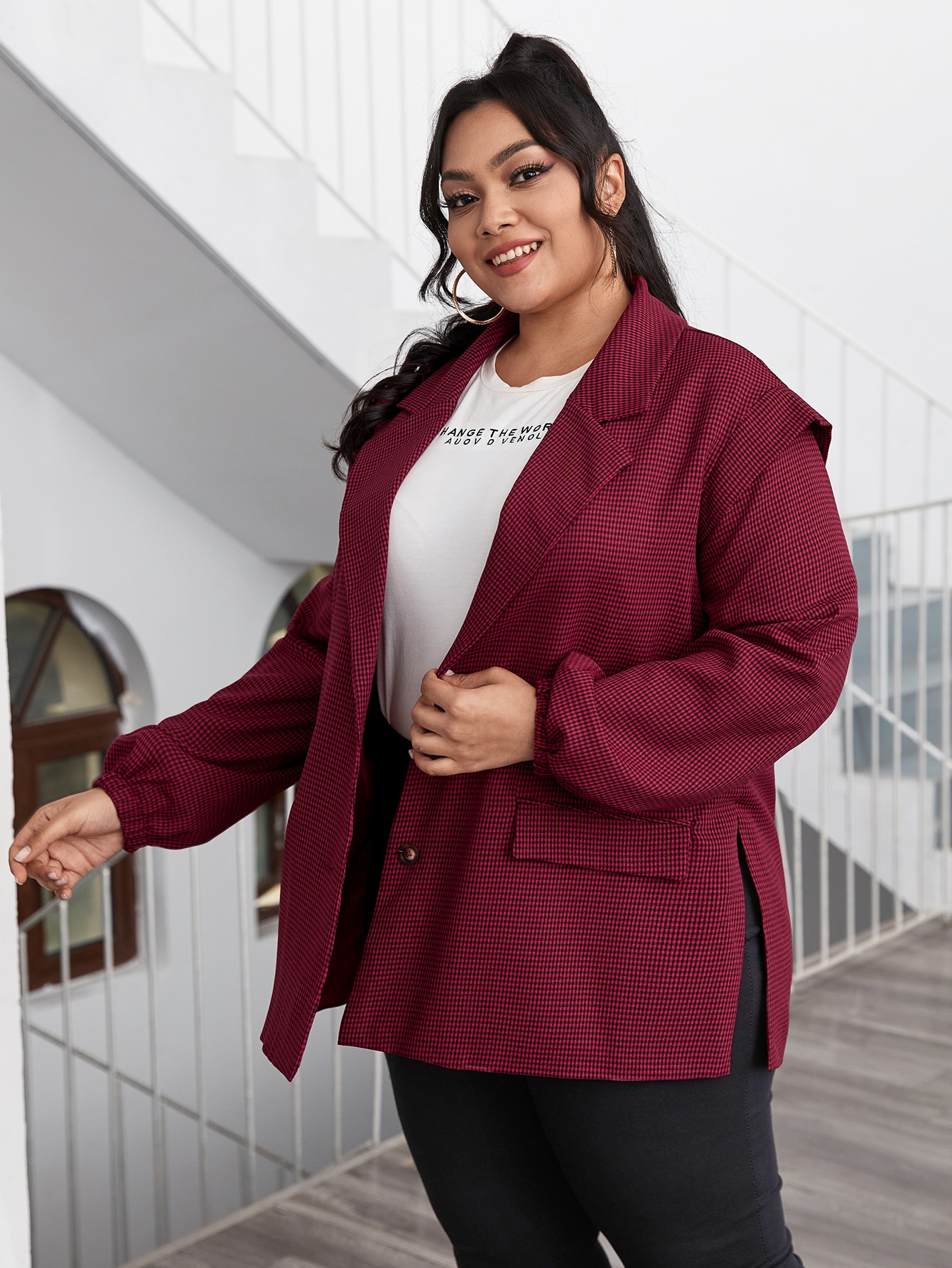 Plus Notch Collar Lantern Sleeve Split Hem Blazer thumbnail