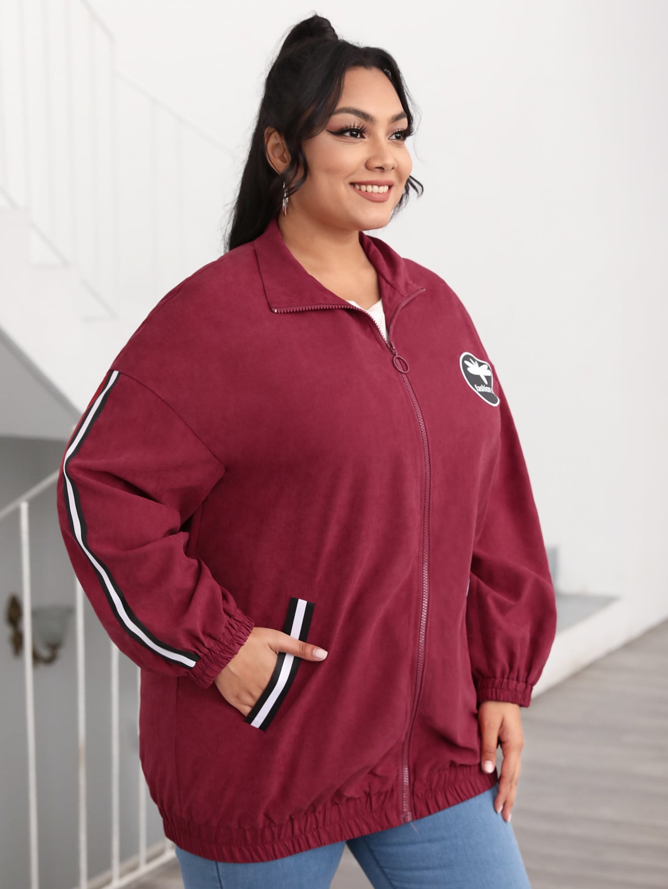 Plus Striped Trim Drop Shoulder Zip Up Jacket thumbnail