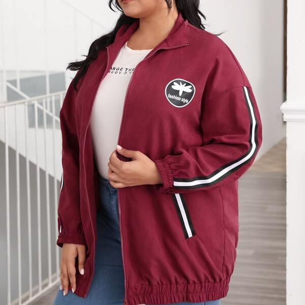 

Plus Striped Trim Drop Shoulder Zip Up Jacket, Maroon