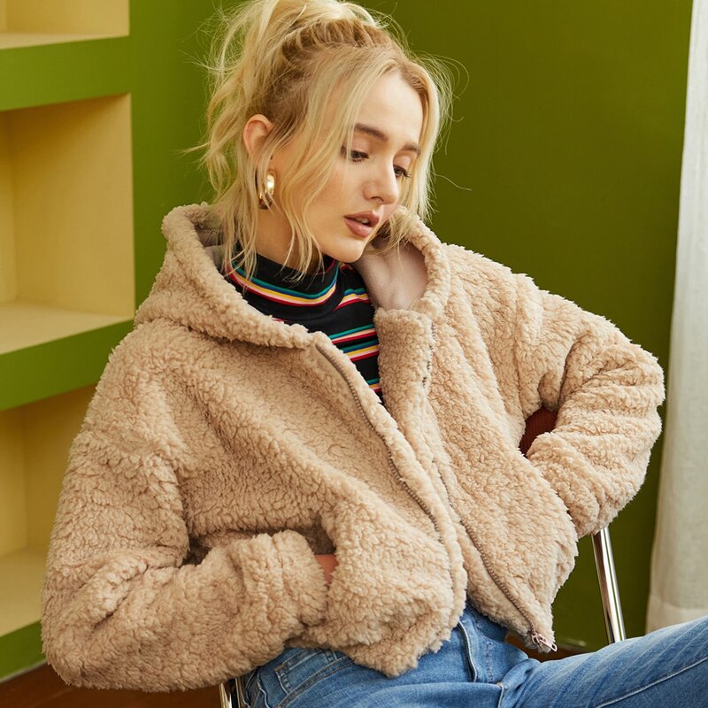

Solid Zip Up Crop Teddy Jacket, Khaki