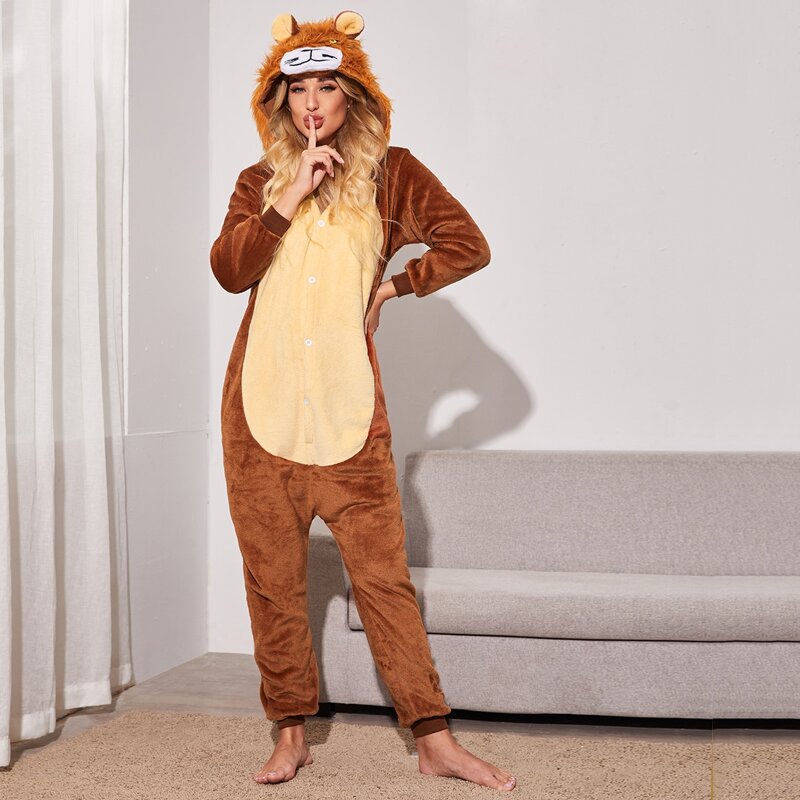 

Contrast Panel 3D Ear Hooded Plush Onesie, Brown