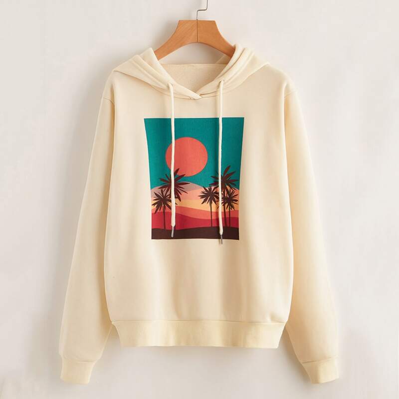 

Graphic Print Drawstring Hoodie, Beige