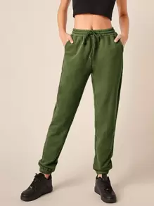 SHEIN BASICS Cotton Drawstring Waist Solid Joggers - Army Green - View 1
