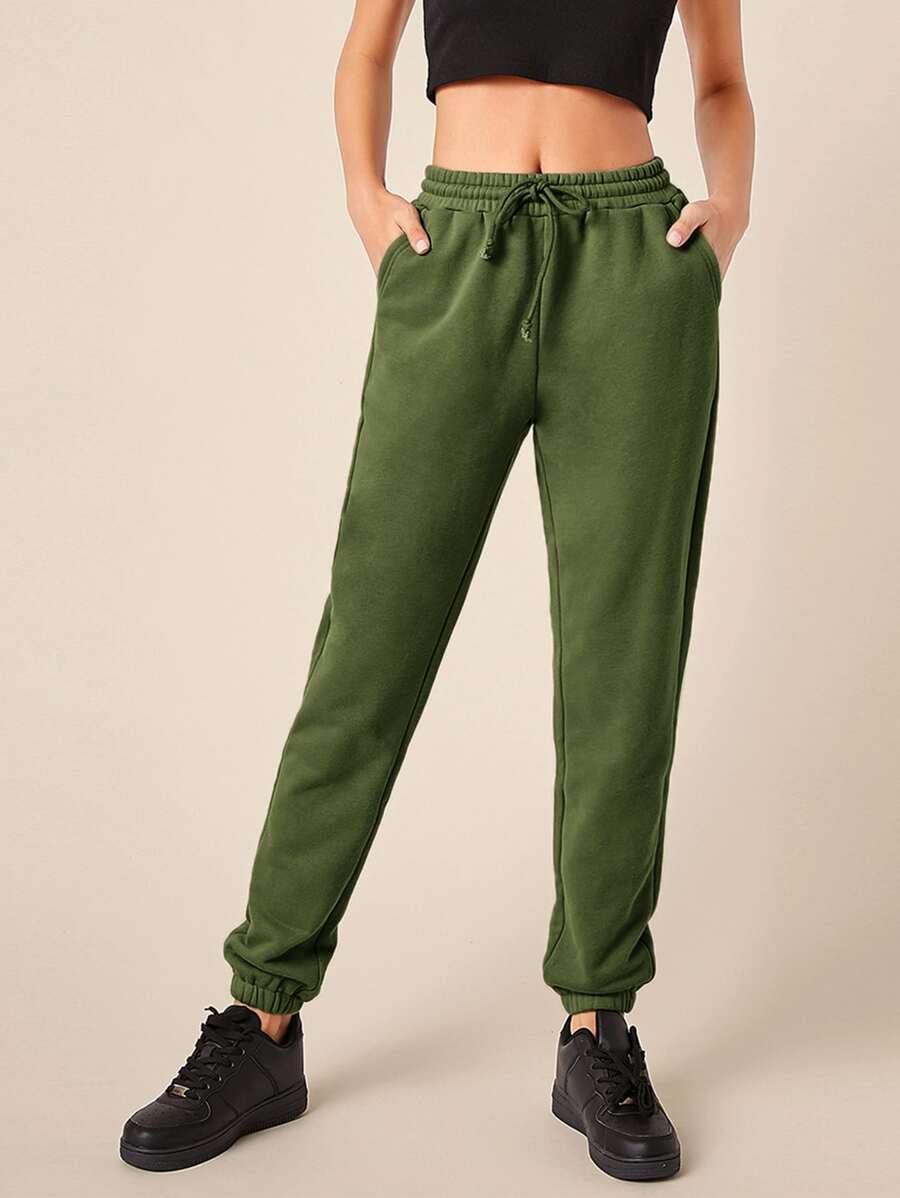SHEIN BASICS Cotton Drawstring Waist Solid Joggers - Army Green - View 1