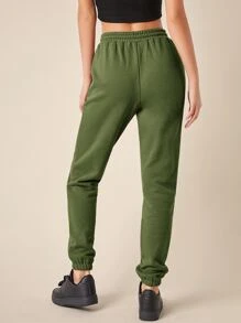 SHEIN BASICS Cotton Drawstring Waist Solid Joggers - Army Green - View 2