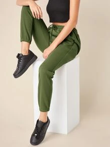 SHEIN BASICS Cotton Drawstring Waist Solid Joggers - Army Green - View 3