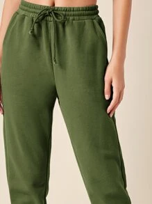 SHEIN BASICS Cotton Drawstring Waist Solid Joggers - Army Green - View 4