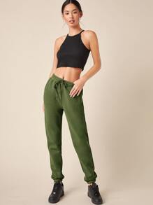 SHEIN BASICS Cotton Drawstring Waist Solid Joggers - Army Green - View 5
