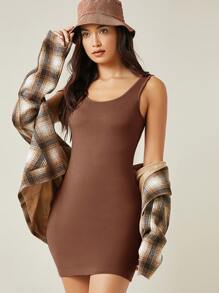 SHEIN BASICS Váy bodycon Bông Chất rắn Không tay - Cà phê nâu - Xem 1