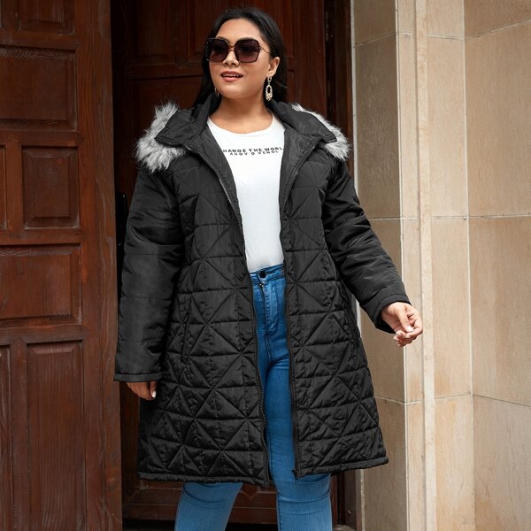 

Plus Contrast Faux Fur Zip Up Hooded Padded Coat, Black