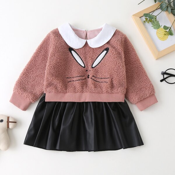 

Baby Girl Spliced PU Peter Pan Collar Sherpa Dress, Multicolor