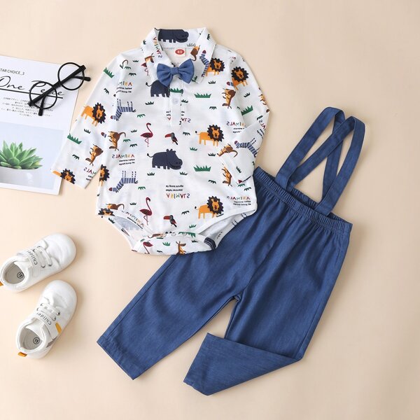 

Baby Boy Bow Front Cartoon Animal Print Bodysuit & Suspender Pants, Multicolor