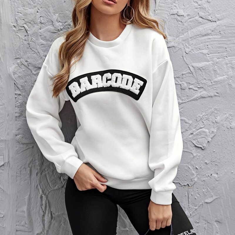 

Drop Shoulder Letter Patched Pullover, White