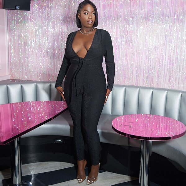 

Plus Plunging Neck Tie Front Glitter Jumpsuit, Black