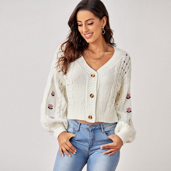

Floral Embroidered Lantern Sleeve Cable Knit Cardigan, White