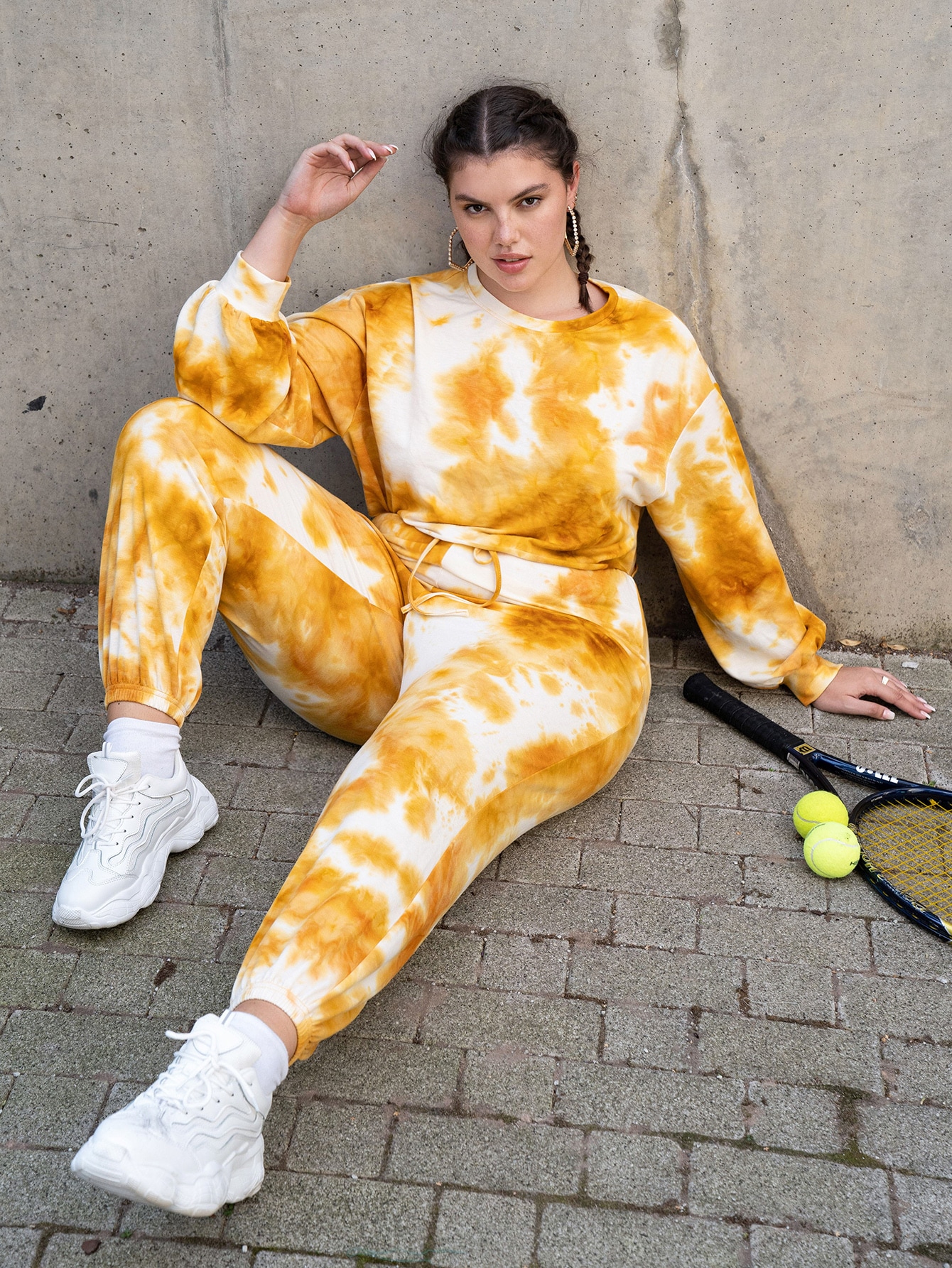 Plus Tie Dye Pullover & Knot Waist Joggers Set thumbnail