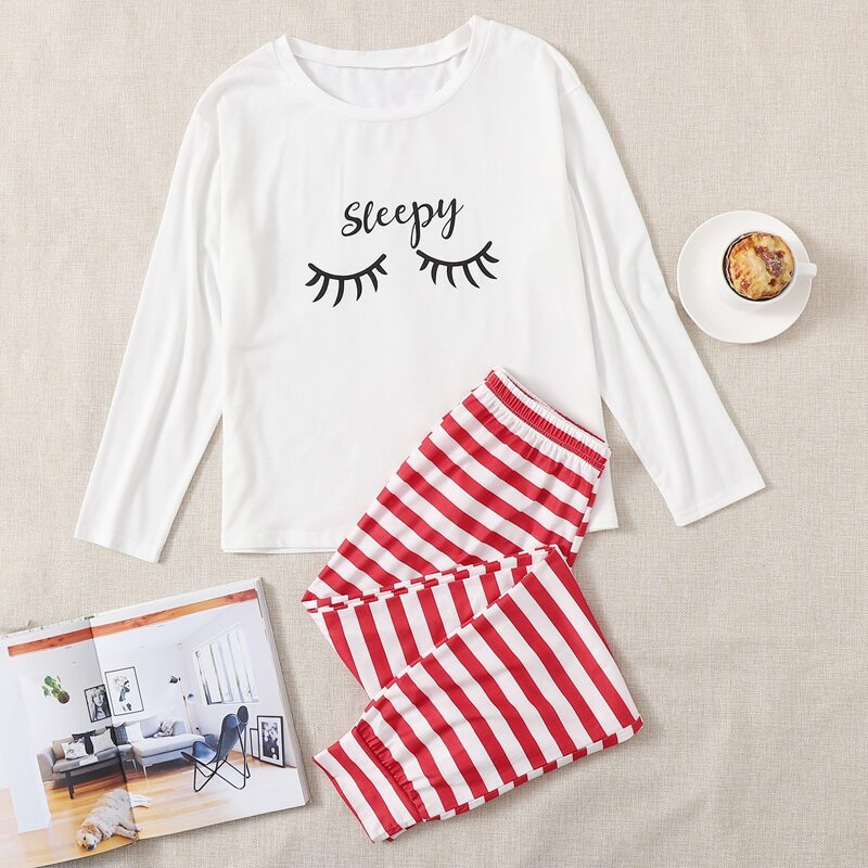 

Letter And Striped Print Long Sleeve PJ Set, Red and white